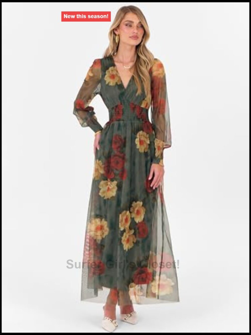 Women's Floral Tulle Long Sleeve V-Neck Maxi Dress - Wedding Guest - Picture 4 of 7